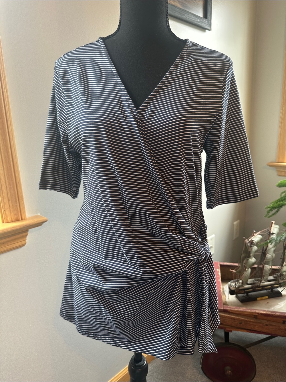 Lands' End Black and White Striped Wrap-Front Tunic